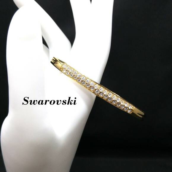 Vintage Swarovski Crystal Rhinestone Hinged Bangle Bracelet, Gold Plated, 1990s - Picture 1 of 10